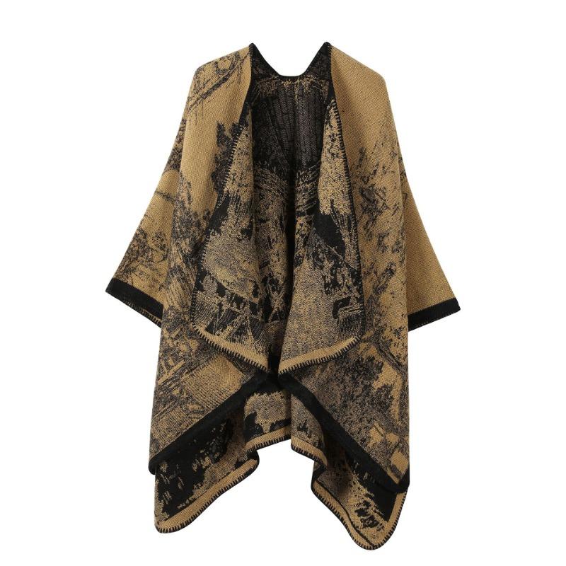 Mantella Poncho Aperta Davanti con Stampa Paesaggistica Lavorazione a Maglia Spessa Calda Coperta da Viaggio Sciarpa Avvolgente