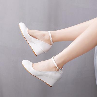 Women's European and American Pumps Round Toe Wedding Solid PU 5.5CM Wedges Cover Heel Dress Fashion Woman Shoes White