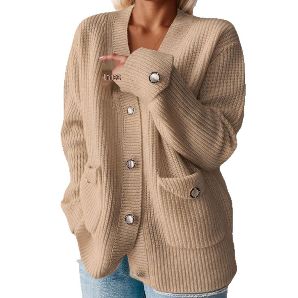 2025 Autumn/Winter Women's Long Sleeve V-neck Solid Color Knit Cardigan Sweater with Pockets