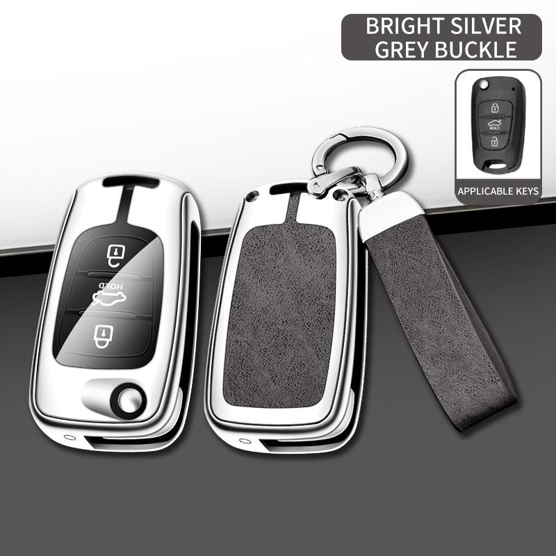 Fully Covered Flip Key Folding Key Cover case Metal Leather Car Remote Key Fob Cover Bag with Car Key Chain for Hyundai Kia