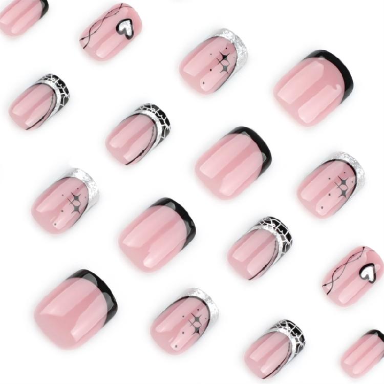Valentine's Day Press On Nail Short Square False Nail Winter Nail with Heart Designs Stick On Nail Artificial Nail 24Pcs