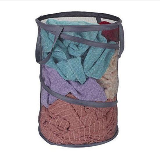 60L Dirty Clothes Basket Foldable Mesh Design Moisture-proof with Handle Space-saving Portable Laundry Basket