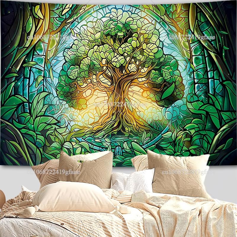 Lebensbaum Wandbehang Wandteppich Buntglas Dschungel-Wandteppiche Landschafts-Wandteppiche Schlafzimmer Dekoration Ästhetische Hintergrundtücher