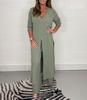 Women's V-Neck Long-Sleeve Slit Top with Wide-Leg Pants - Summer Solid Color Set