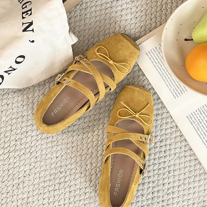 French women's ballet shoes summer new retro bow inner height increase single shoes cross strap Mary Jane shoes women