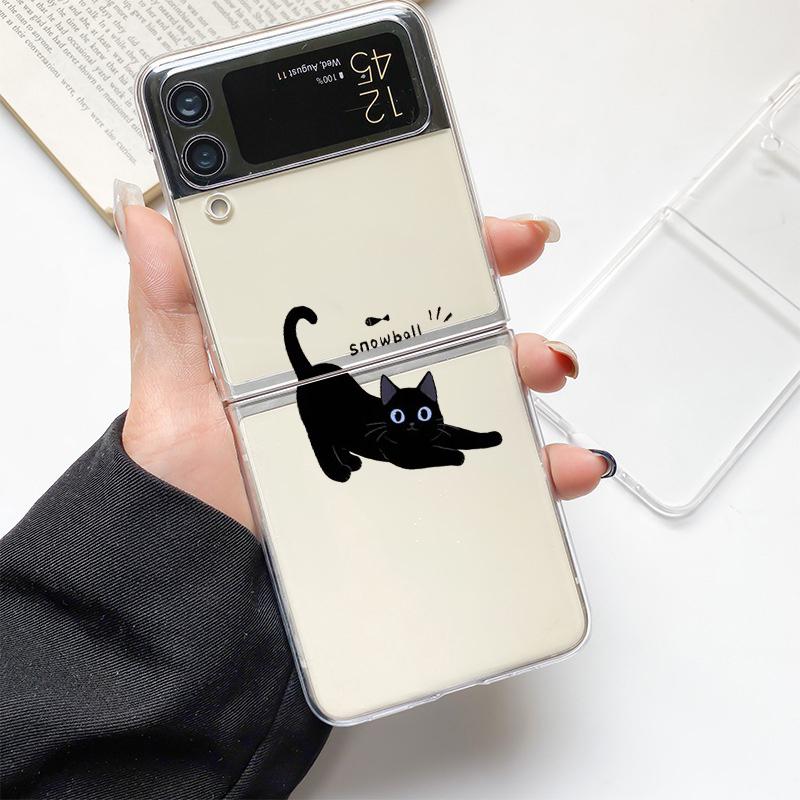 Funny Black Cat Fashion Phone Case For Samsung Galaxy Z Flip 3 4 5 6 7 Hard Folding Z Flip4 Clear PC Cover Protector Gift