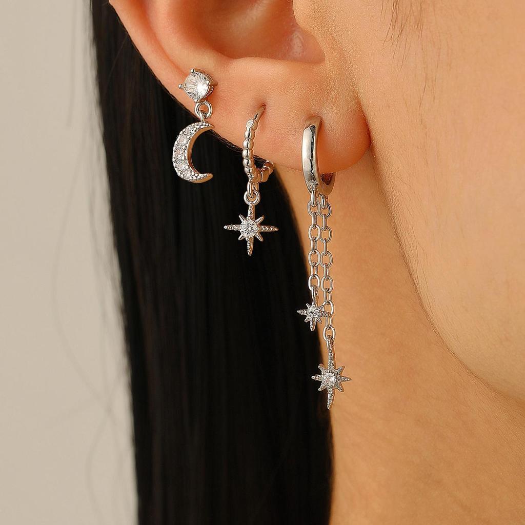 European and American Asymmetrical Star & Moon Earrings Set: Fashion Zircon Studs & Ear Cuffs