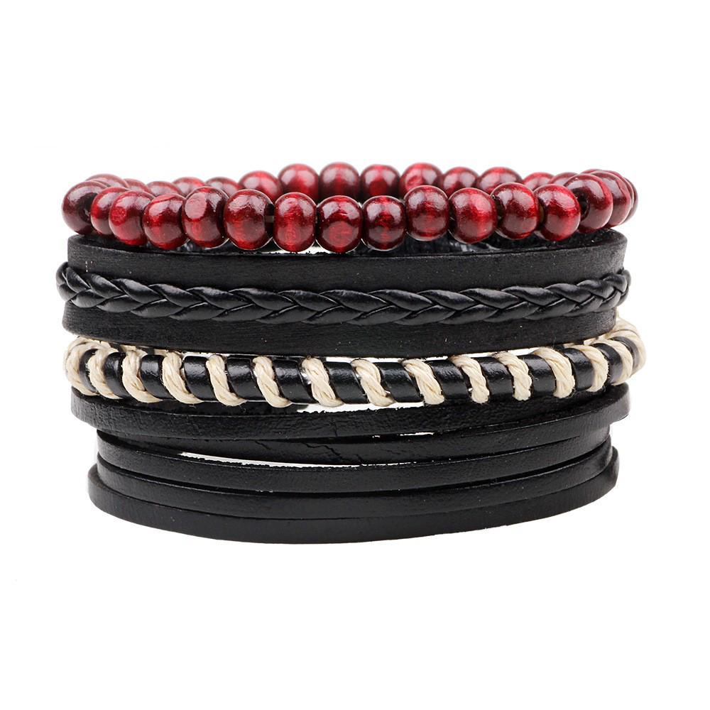 Men's Retro Multi-Strand Cowhide Anchor Bracelet Set with Wood Beads