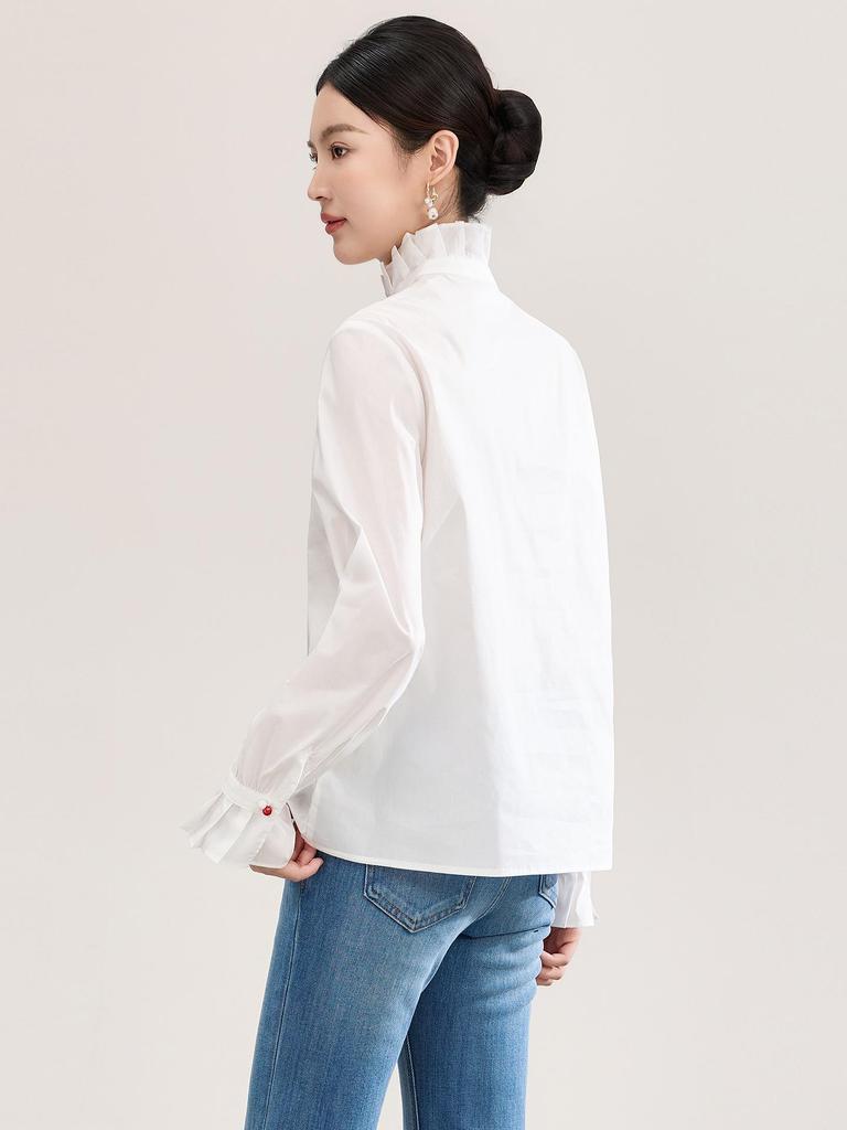 Damen Hemd aus reiner Baumwolle mit französischem Rüschenbesatz - Frühlings-Oberteil mit Micro-Flare Langarm