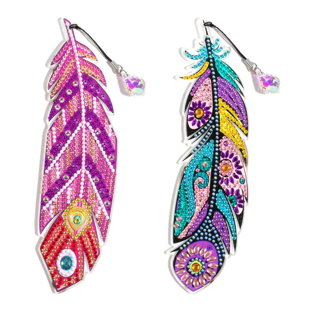 R-MSQ015-037 New Arrival 6pcs Feather Diamond Painting Bookmarks Resinstone Bookmark Pendant