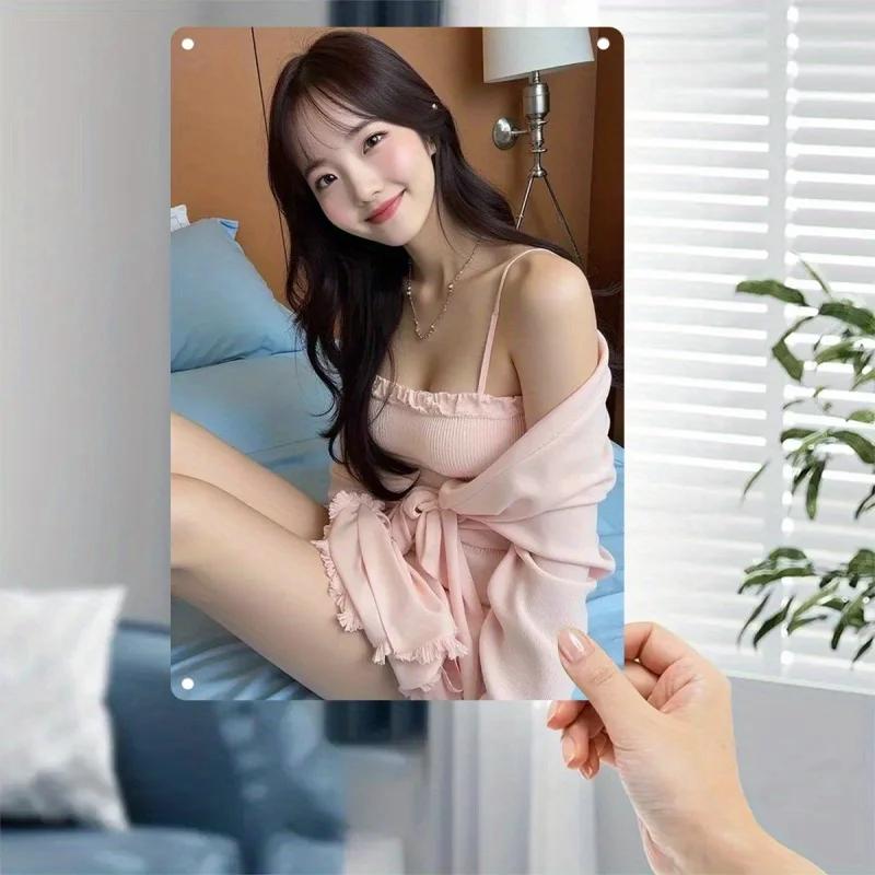 Poster Metallico Retrò Dramma Coreano Viso Femminile Cartello Rosa Rustico Manica a Soffietto Decorazione Murale in Ferro per la Casa