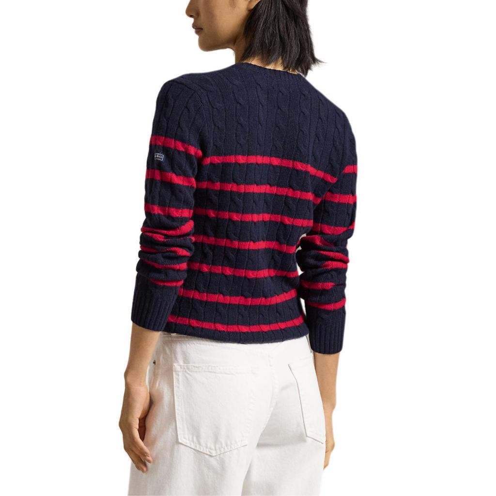 Polo Ralph Lauren FW24 Pulover cu gât rotund, tricotat în coșuri cu dungi, pentru femei, albastru, roșu WMPOSWENC021097-410