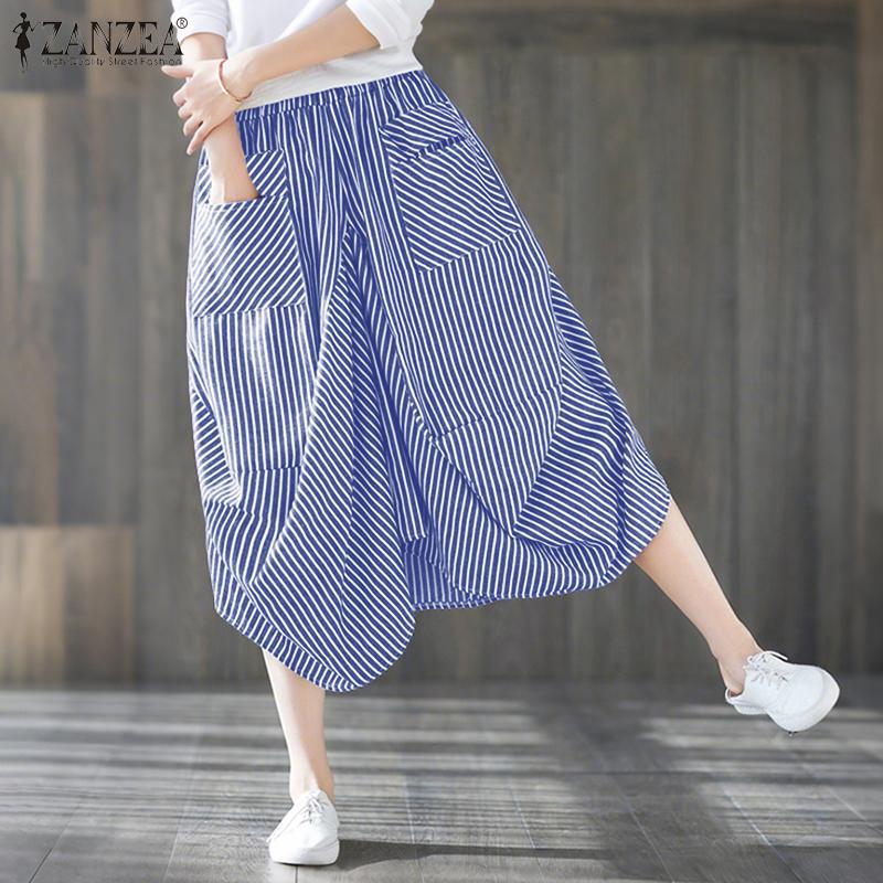 ZANZEA Dame Casual Elastisk Midje Løse Capri Bukser med Stripetrykk
