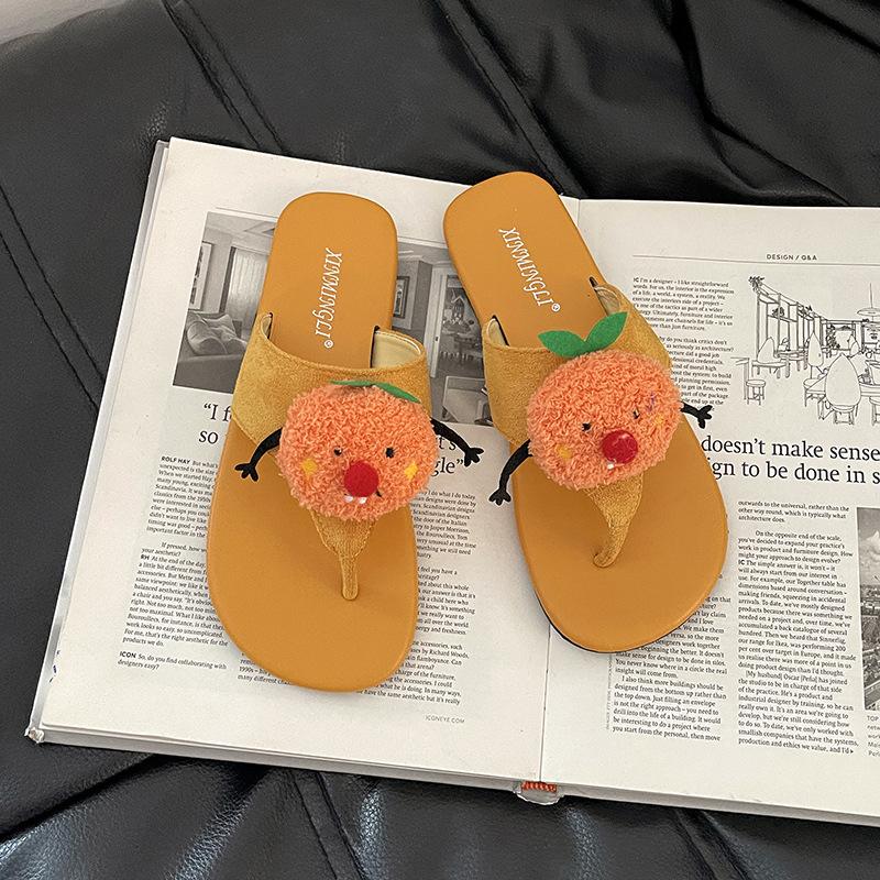 Casual cute plush doll non-slip beach shoes women's summer casual sandals flip-flops