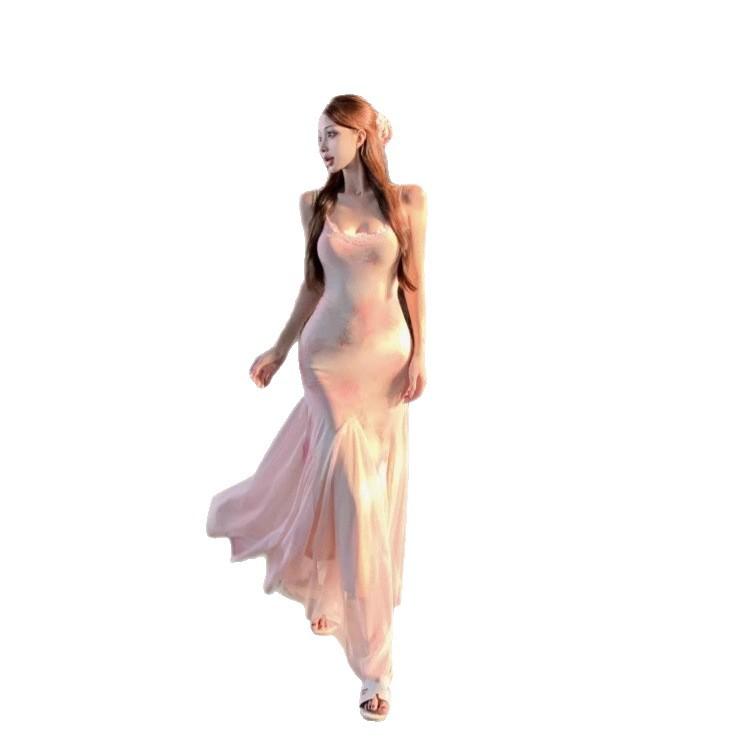 Pure desire wind floral mesh suspender dress women's summer temperament waist seaside vacation hip fish tail long skirt