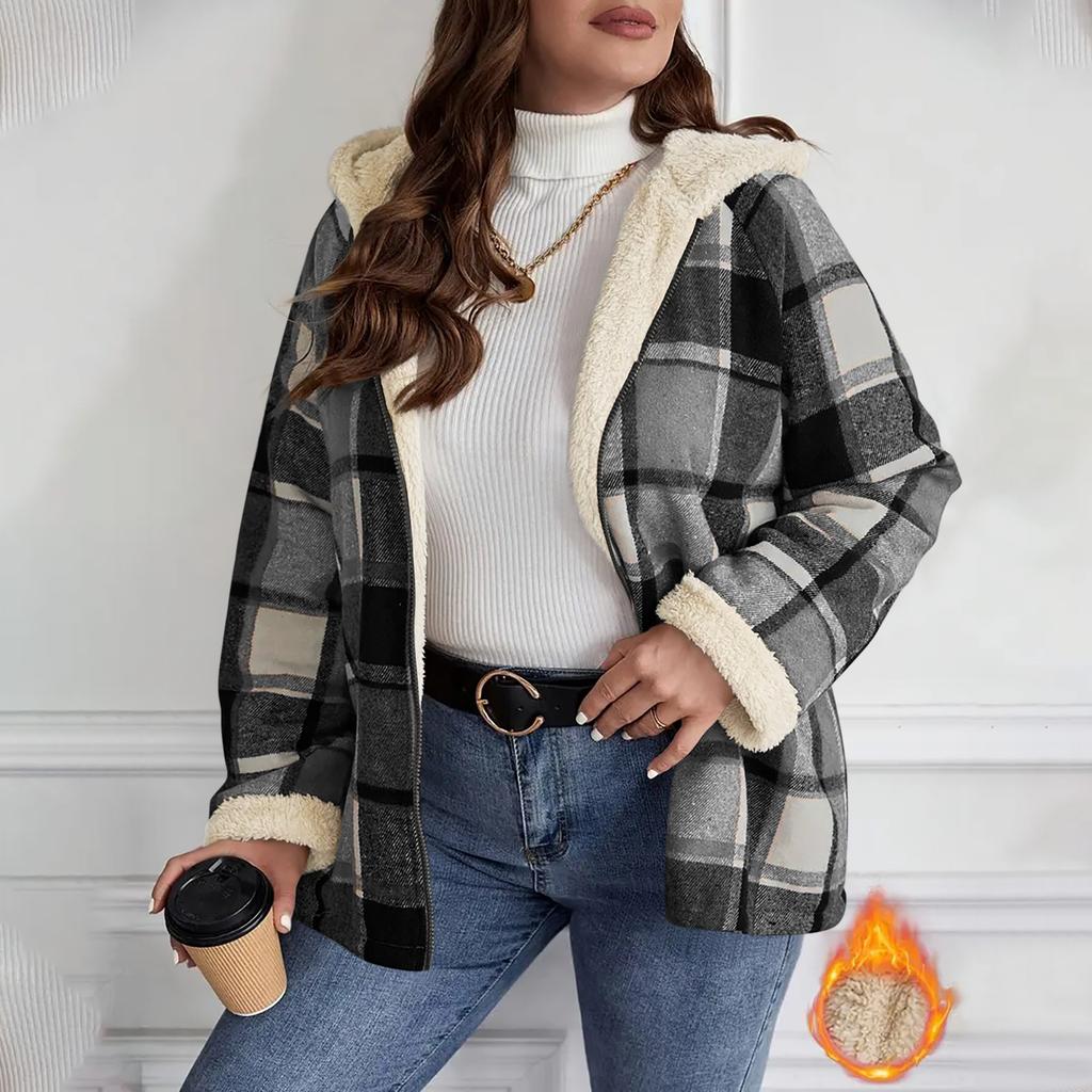 Women's Winter Plaid Hooded Jacket with Warm Plush Lining, Full-Zip Closure and Long Sleeves for Casual Daily Wear