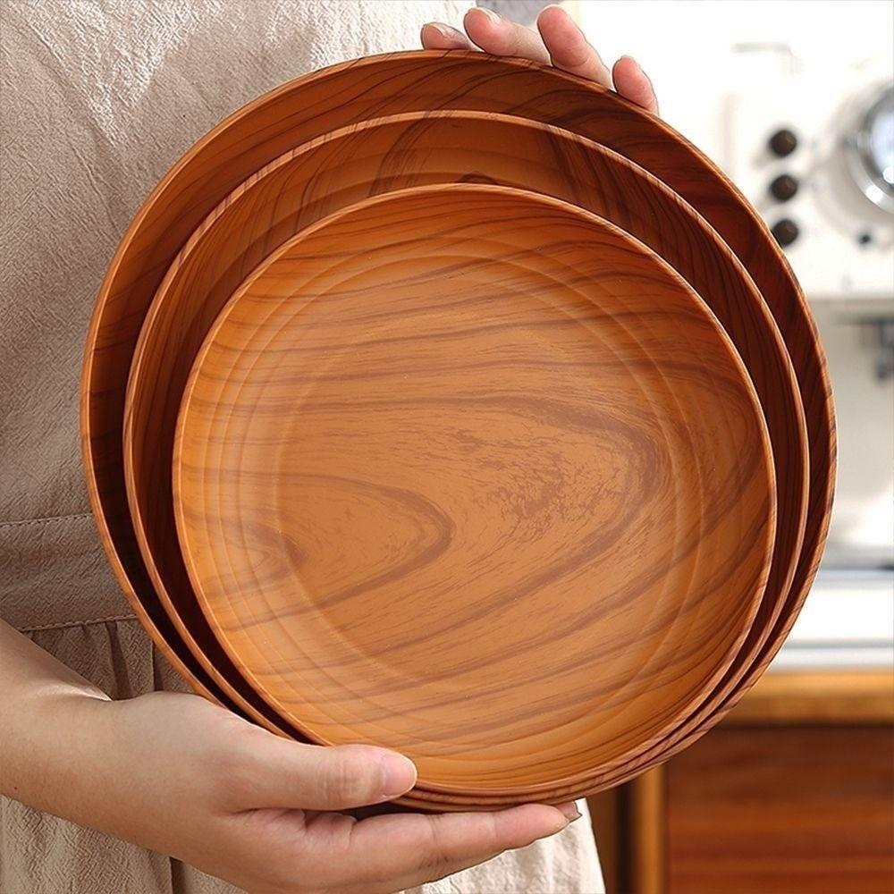 Kitchen Accessories Plastic Wood-Grain Round Tray Imitation Wood Multi-Purpose Serving Plate Dinner Plates Tea Coffee