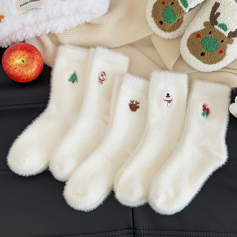 5 Pairs of Women'S Christmas Socks, White Furry Embroidered Holiday Socks, Warm Thick Fleece Fabric, Holiday Socks