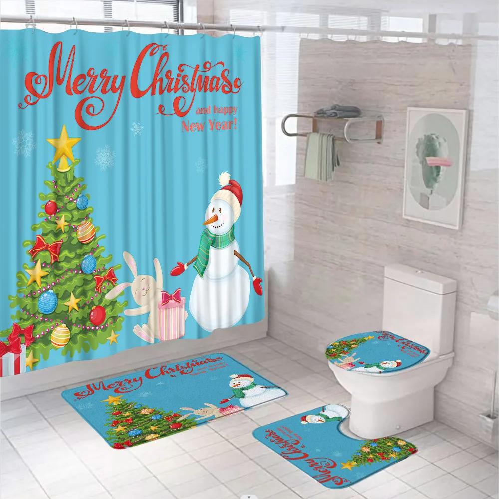 Weihnachts-Nikolaus Duschvorhang-Set Mit Teppich Toilettensitzbezug Badvorleger Weihnachtsbaum Schneeflocken-Szenerie Bauernhaus Wannen Vorhänge