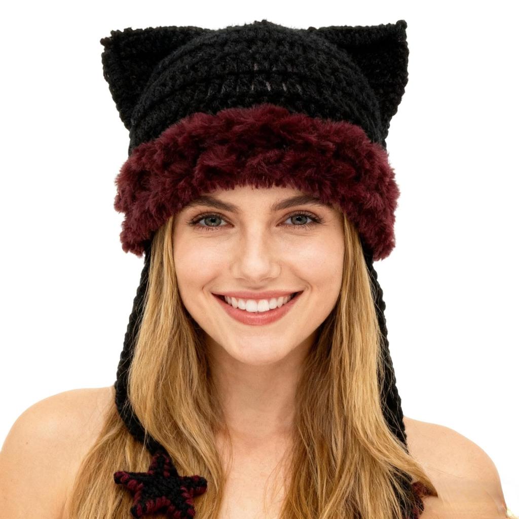 Women's Hand-Knitted Star Striped -Ear Braid Hat With Ear Protectioned, Fashionable And Versatile Cap