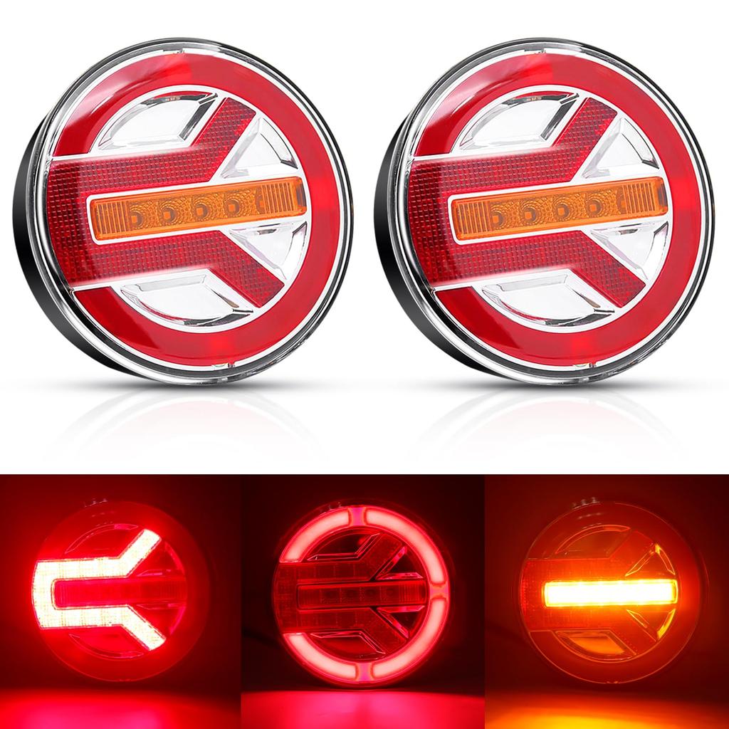 Round LED Trailer Tail Lights with Turn Signals, Stop, and Brake Functions for Trucks, Trailers, RVs, and Pickups, 12V/24V, Waterproof