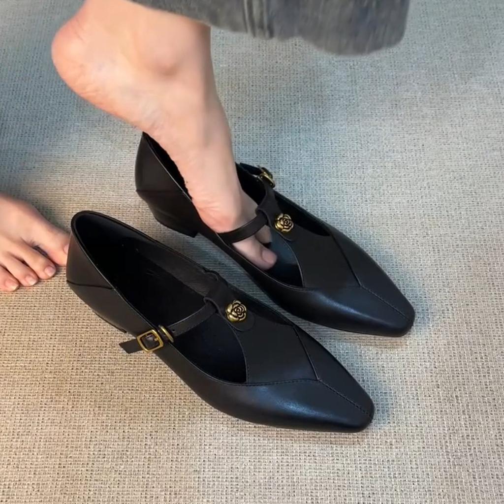 Sheepskin Version~ Versatile Leather One-word Buckle Hollow Single Shoes Women's Retro Camellia Thick Heel Commuting Mary Jane Shoes