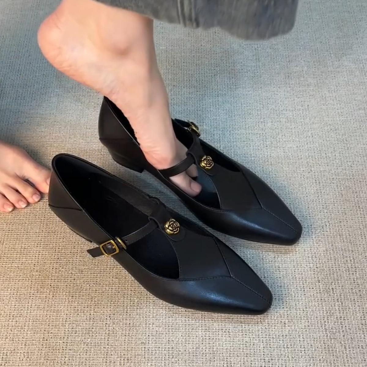 

Sheepskin version~ versatile leather one-word buckle hollow single shoes women s retro camellia thick heel Mary Jane shoes 35