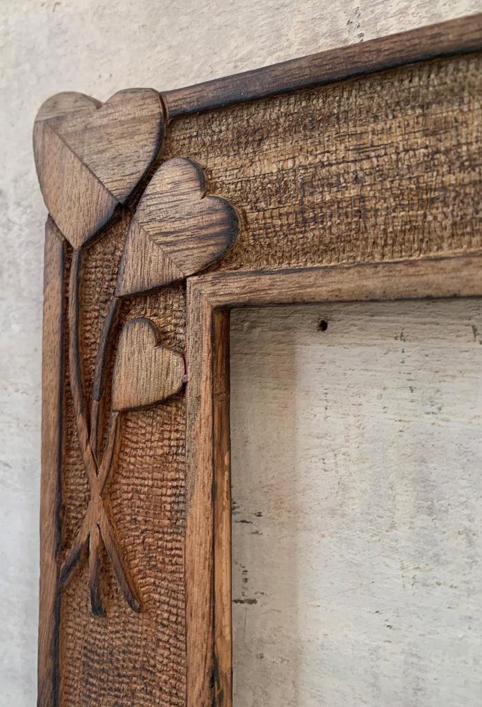 Rustic Wooden Double Photo Frame Carved Hearts | Romantic Wall Decor