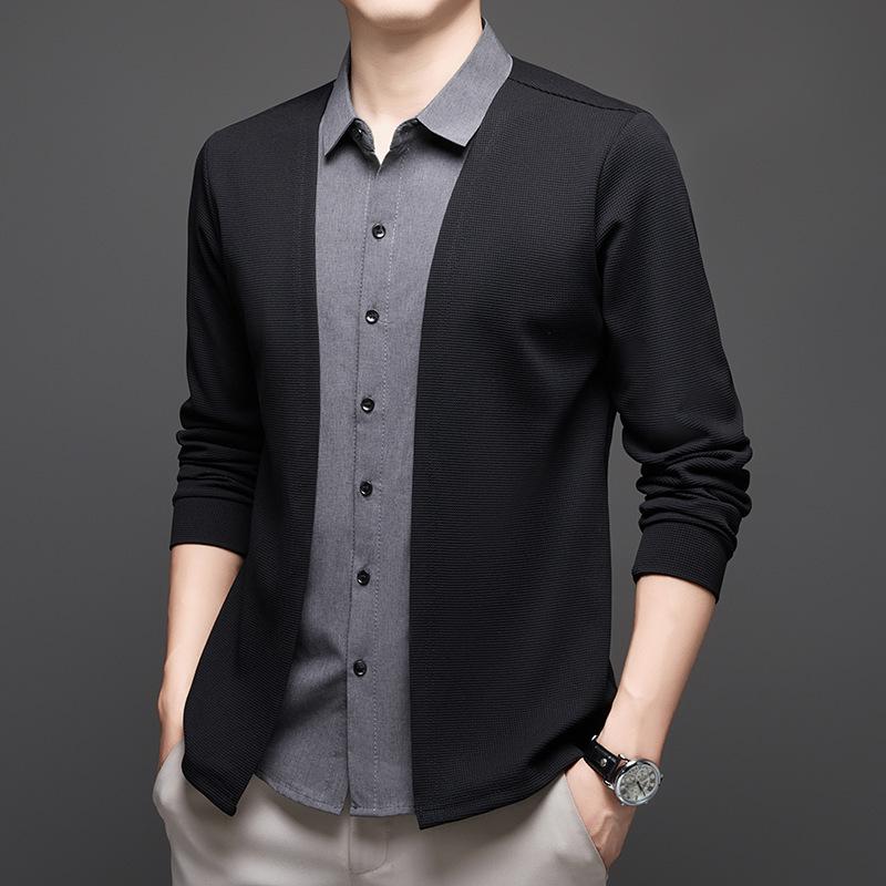 

Spring and Autumn Hottest Men s Fake Two-piece Lapel Shirt Thin Cardigan Casual and Versatile Business Knitted Sweater L чорний