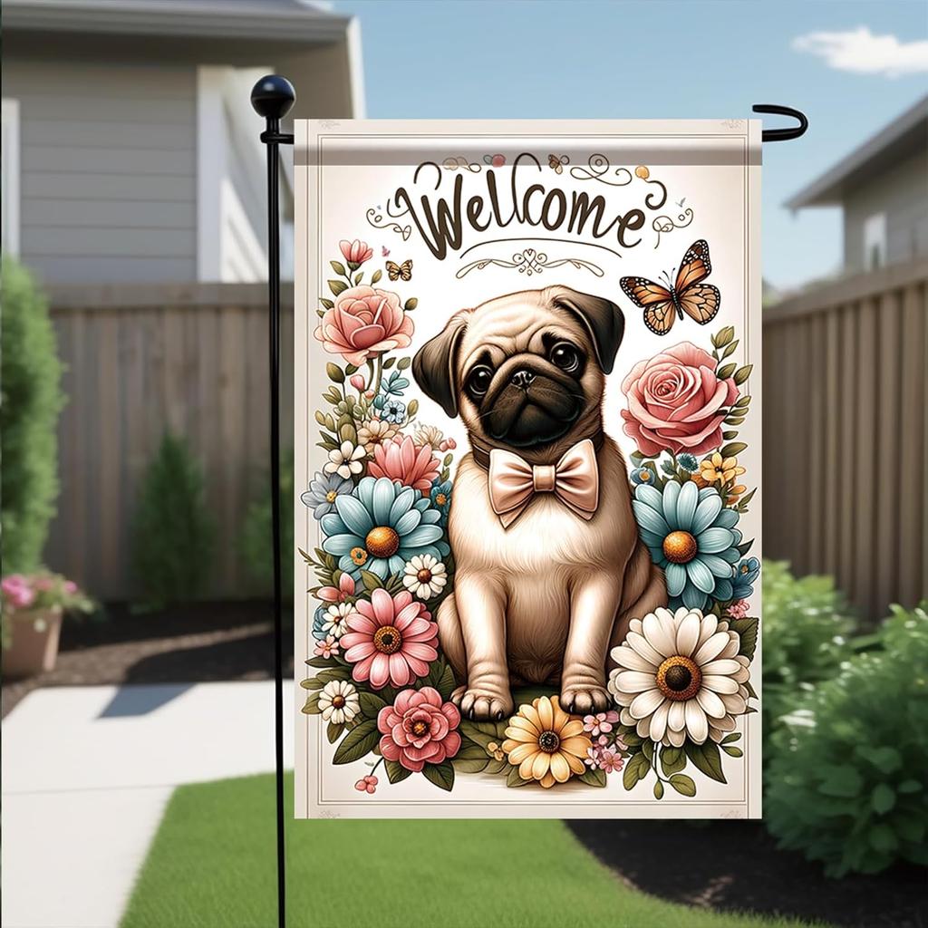 Starlit Patio Spring Summer Floral Pug Dog Garden Flag 12x18 Inch Double Sided Welcome Yard Flag for Outside Small Lawn Porc