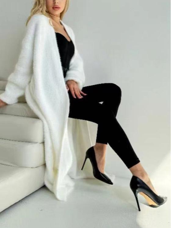 Extra Long White Faux Mink Cashmere Over-the-Knee Cardigan for Women - Loose, Thick Autumn/Winter Sweater