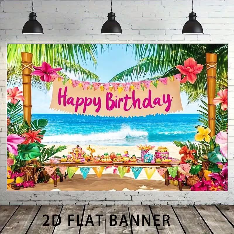 2D Luau Party Backdrop, Tropical Beach and Flowers for Kids Birthday Photoshoot
