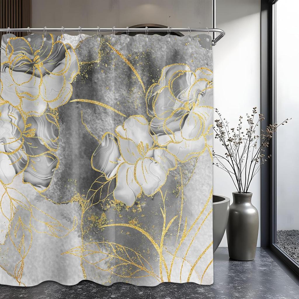 Schwarz und Grau Duschvorhang Grau Weiß und Gold Abstrakt Floral Duschvorhänge für Badezimmer Dekor Set, Wasserdichtes Gewebe mit