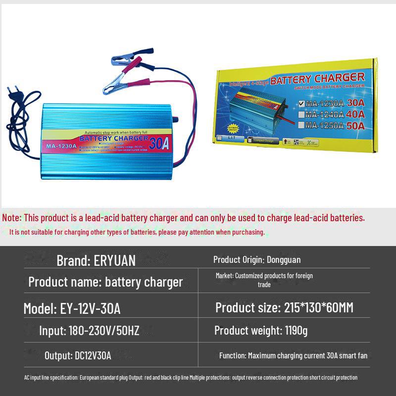 12V Automotive Battery Charger for Lead-Acid & LiFePO4, 10A/20A/30A, 14.6V Compatible