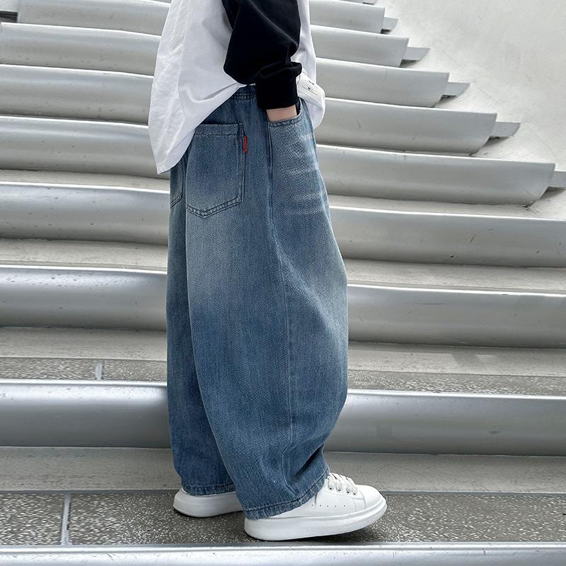 Calças Jeans de Outono para Meninos Calças Sólidas de Cintura Elástica Jeans Infantil Calças Soltas de Perna Larga Calças Retas Casuais para Adolescentes