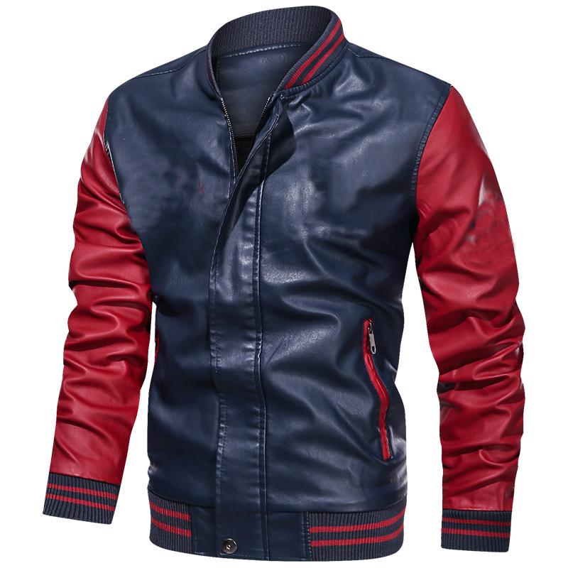 Men's Casual PU Leather Jacket with Fleece Lining - Baseball Style, Stand-Up Collar, Plain Design with Print