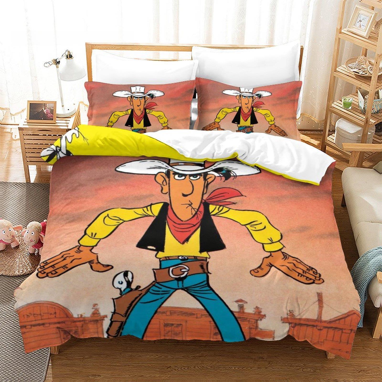Neues Lucky Luke-Bettwäscheset, Einzel-, Zwillings-, Voll-, Queen- und King-Size-Bettset für Erwachsene und Kinder, Schlafzimmer, Bettbezug-Sets, 3D-Anime-Bettlakenset EU Twin 135x200cm