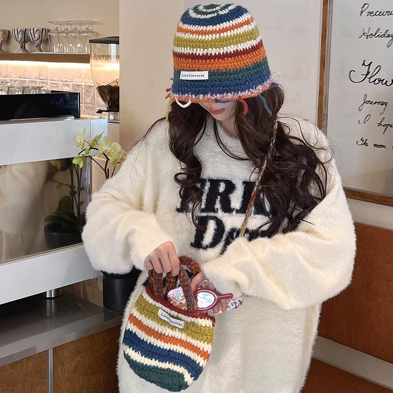 Retro Dopamine Colored Wool Hat Autumn and Winter Warm Knitted Hat Striped Korean Version Versatile Pile Hat Ear Protection Basin Hat