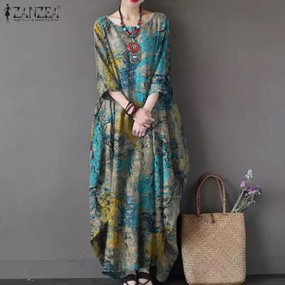 Women Casual O-neck 3/4 Sleeve Retro Print Cotton Long Dress