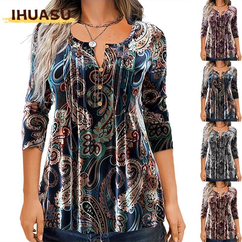 IHUASU Women's Fashion Casual Long Sleeve O Neck Blouses & Shirts
