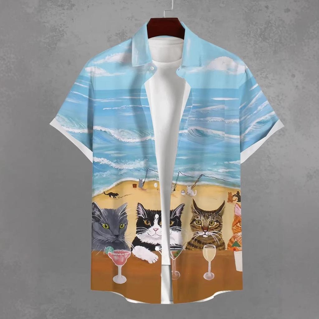 Erkek Yazlık Kısa Kollu Hawaii Gömlek Plaj Tatil Baskılı Gömlek Üst %100 Polyester