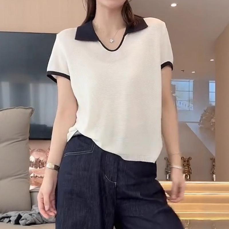 Women's Plus Size Color Block Lapel Knitted Short Sleeve Ice Silk T-Shirt - Loose, Versatile, High-End Summer Top