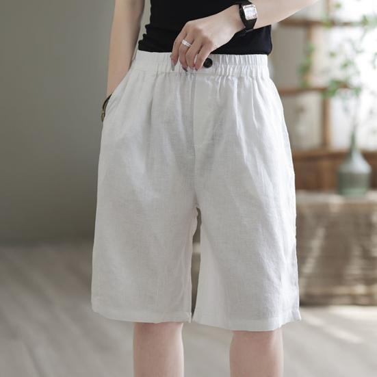 Women Shorts Wide Leg Elastic Waist Casual Pants Solid Color Loose Fit Knee-Length Sporty Shorts with Pockets