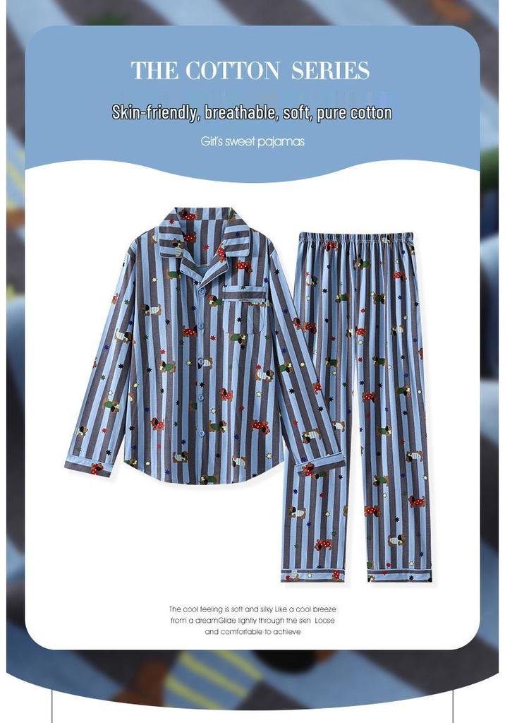 Men's Long Sleeve Striped Sausage Dog Pajamas - Pure Cotton, Spring/Autumn, Wearable Outdoors, Teen Sizes Available