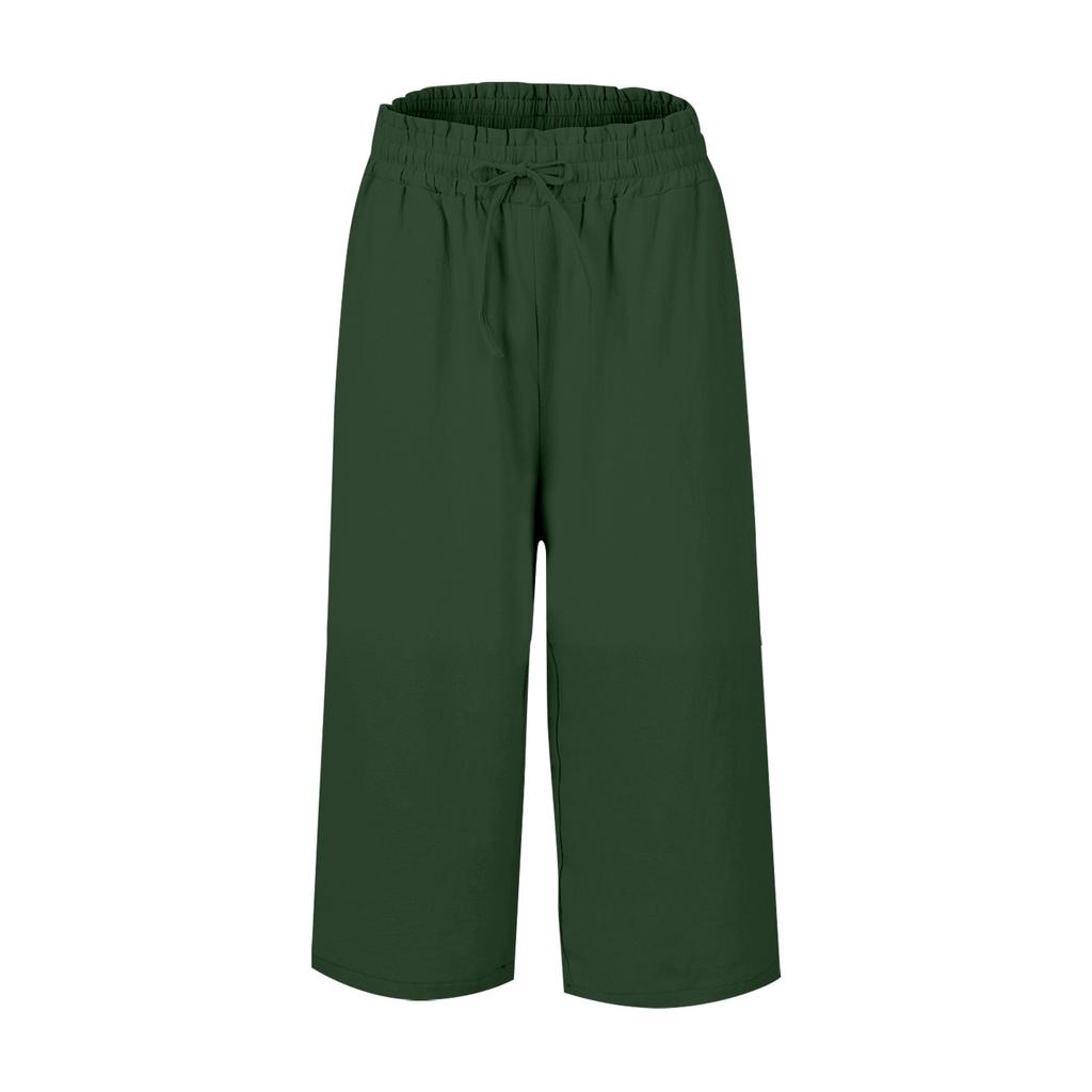 Women's Square Pocket Elastic Waist Cropped Pants Casual Cotton And Linen Pants
