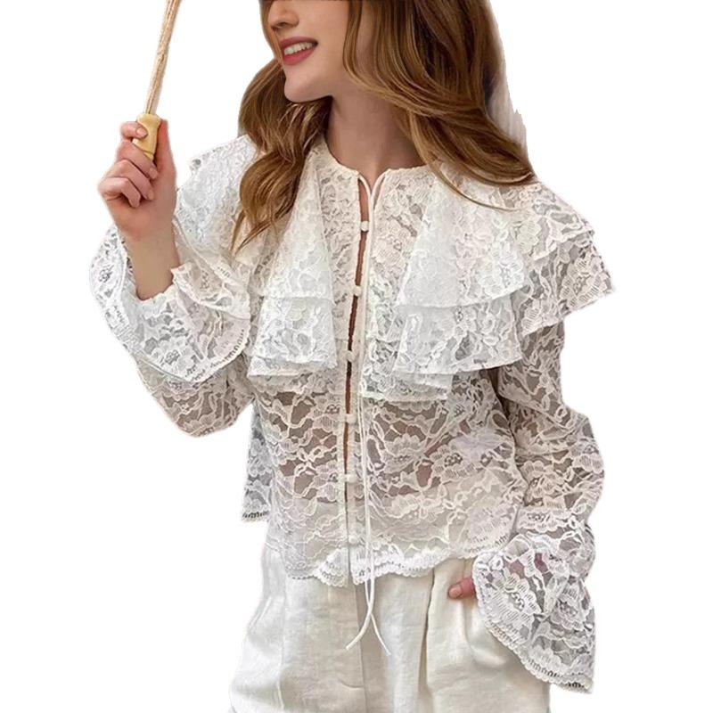 Women S Lace Long Sleeve Double Layer Collar Shirt Elegant Commute