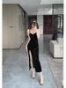 Elegant Velvet Strappy Midi Dress with High Slit and Low-Cut Design