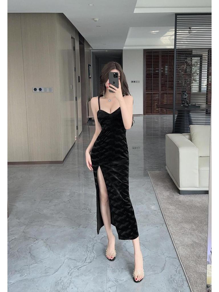 Elegant Velvet Strappy Midi Dress with High Slit and Low-Cut Design