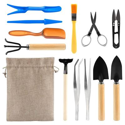 Gartengeräte 12-teiliges Set Tragbares Gartenhandwerkzeug-Set Miniatur-Gartenrechen, Kelle und Schaufel für Bonsai, Sukkulenten, Kräuter, Terrarien und Plan