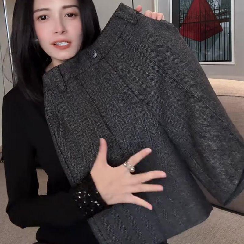 

Women s Elegant Dark Grey Wool Blend Casual Pants - Autumn/Winter 2025 Korean Style 4XL
